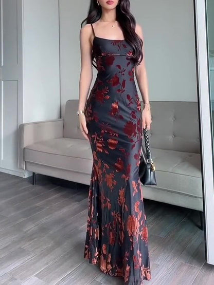 Flocked Strappy Maxi Dress See size chart under “more details” The Fashion Celestial