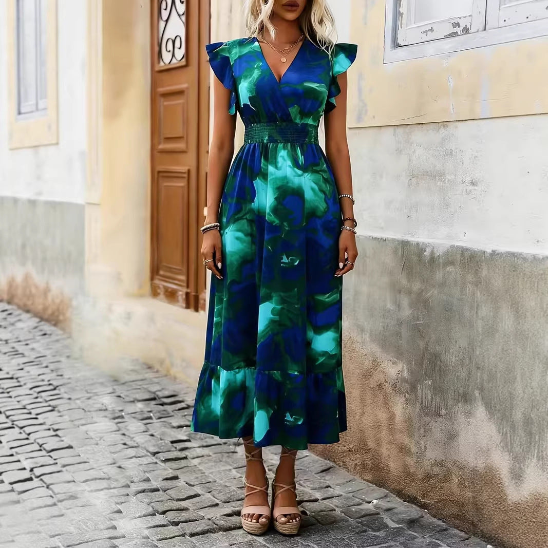 Women's V-Neck Floral Print A-Line Midi Dress – High Waist Sleeveless FitiqueFit