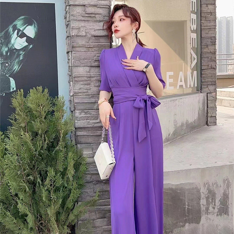 Elegant Temperament Pure Color High Waist Slimming Lace-up Wide Leg Jumpsuit Grayceful LLC
