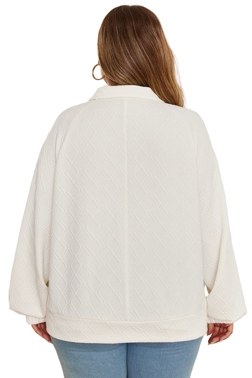 Beige Plus Size Rhombus Texture Contrast Striped Collar Baggy Sweatshirt Garden Naked Curves