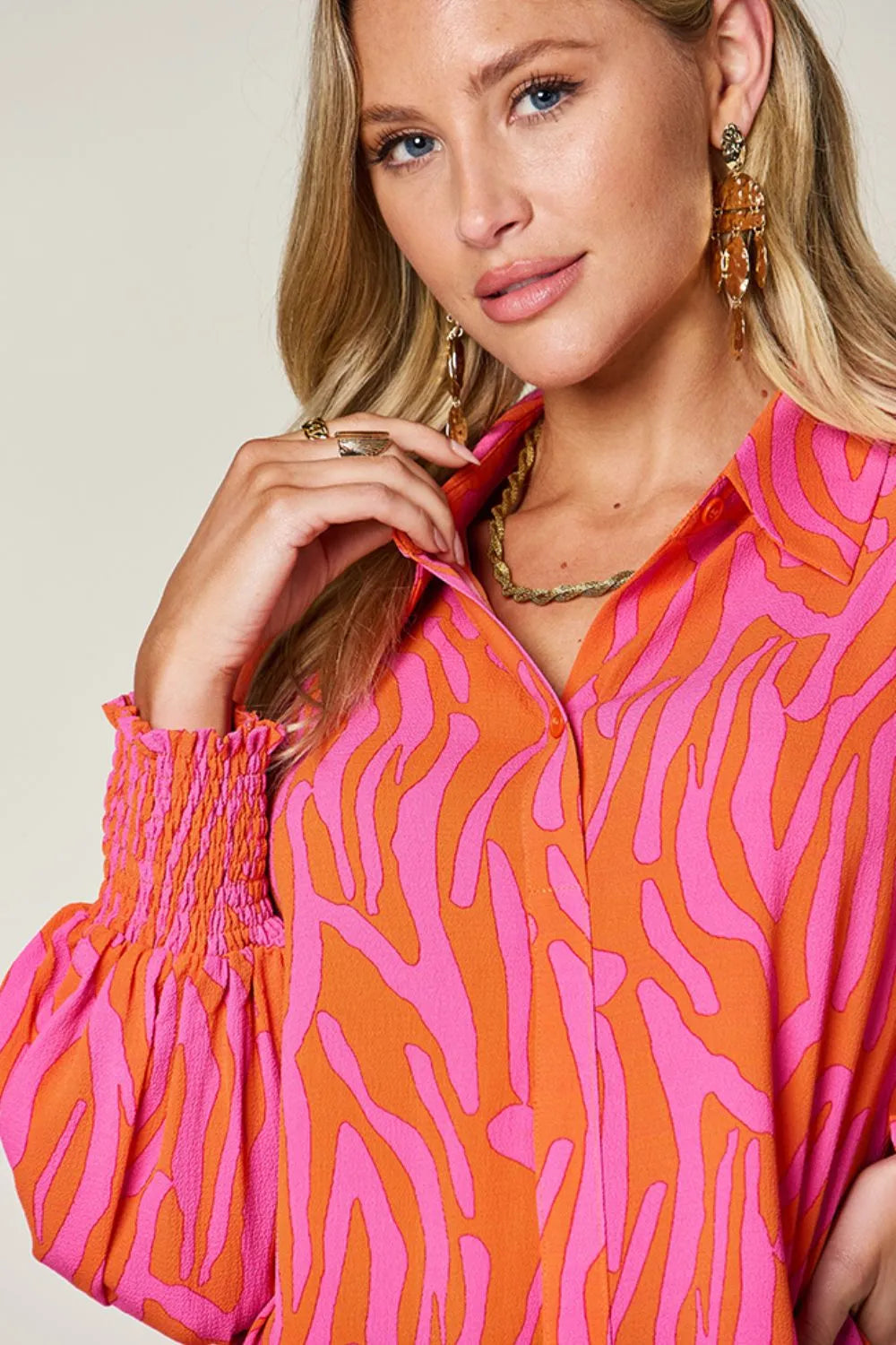 Double Take Full Size Printed Smocked Long Sleeve Blouse Plus Size New Era Fashion LLc
