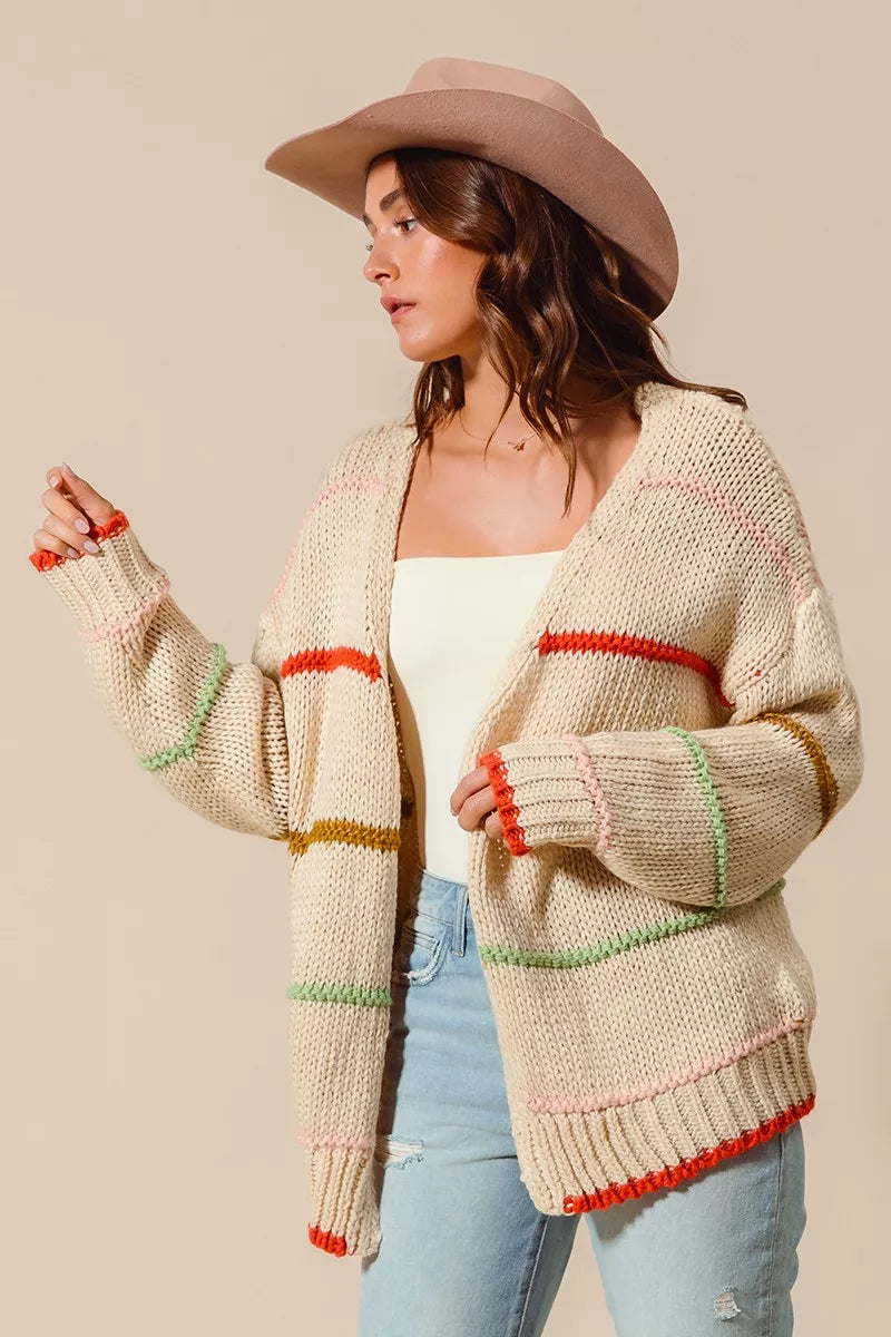 SO ME Loose Fit Multi Stripe Open Front Cardigan FitiqueFit