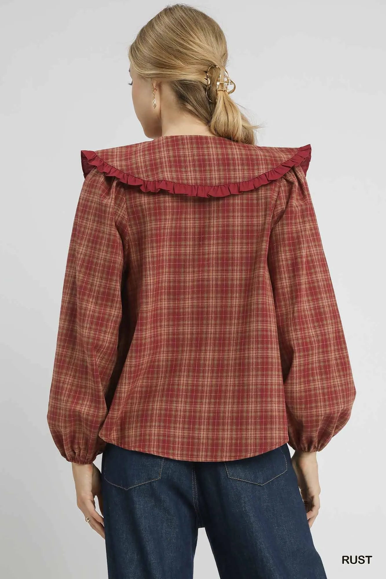 Umgee Full Size Plaid Ruffle Collar Blouse Plus Size Garden Naked Curves