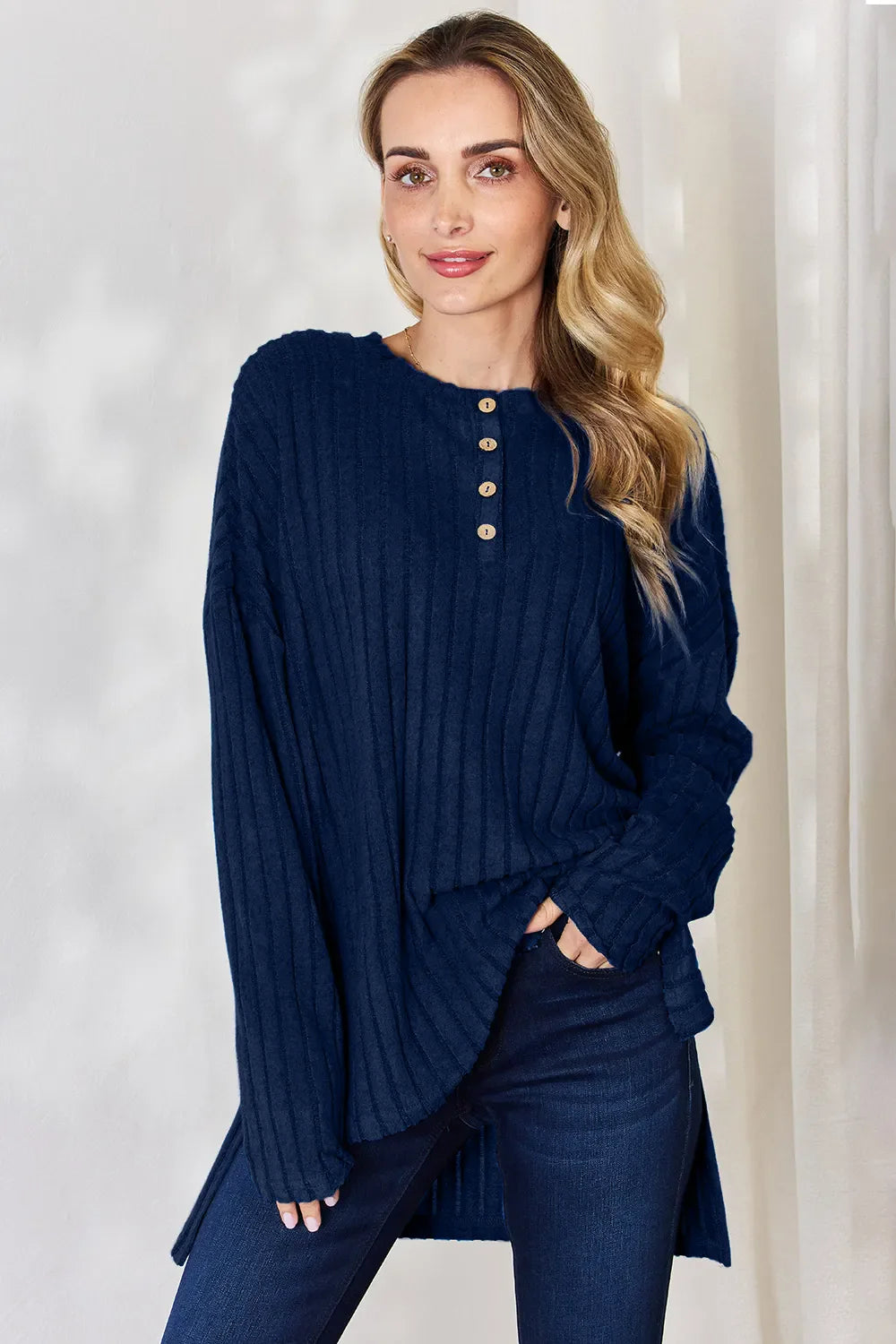 Basic Bae Full Size Ribbed Half Button Long Sleeve High-Low T-Shirt New Era Fashion LLc