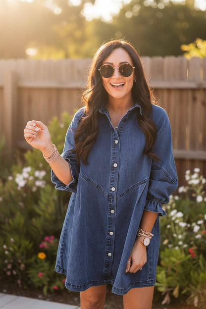 Women's Three-Quarter Sleeve Denim Dress – Ruffle Detail Mid-Length FitiqueFit