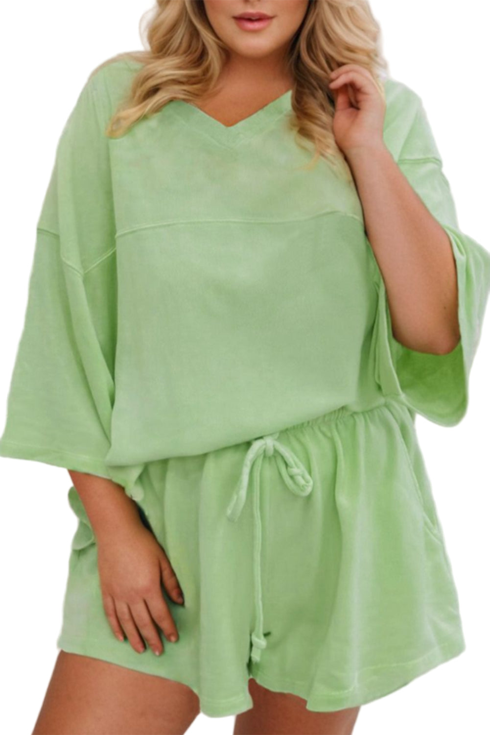 Meadow Mist Green Plus Size V Neck Drop Shoulder Tee Loose Shorts 2pcs Outfit Garden Naked Curves