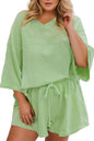 Meadow Mist Green Plus Size V Neck Drop Shoulder Tee Loose Shorts 2pcs Outfit Garden Naked Curves