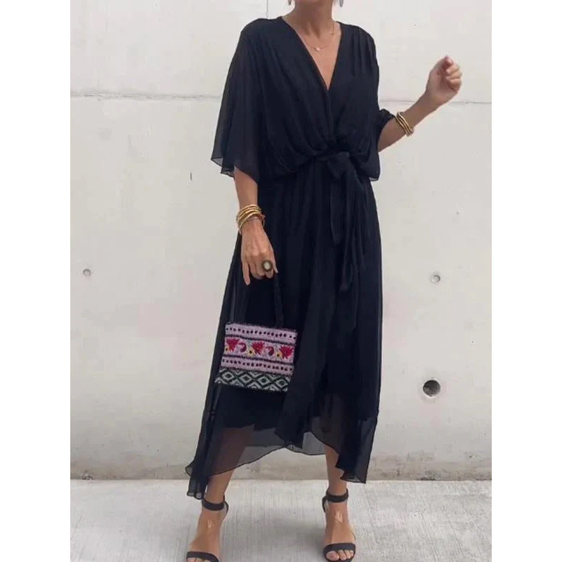 Batwing Sleeve V-Neck Midi Dress – Tied Irregular Hem Fairy Dress FitiqueFit