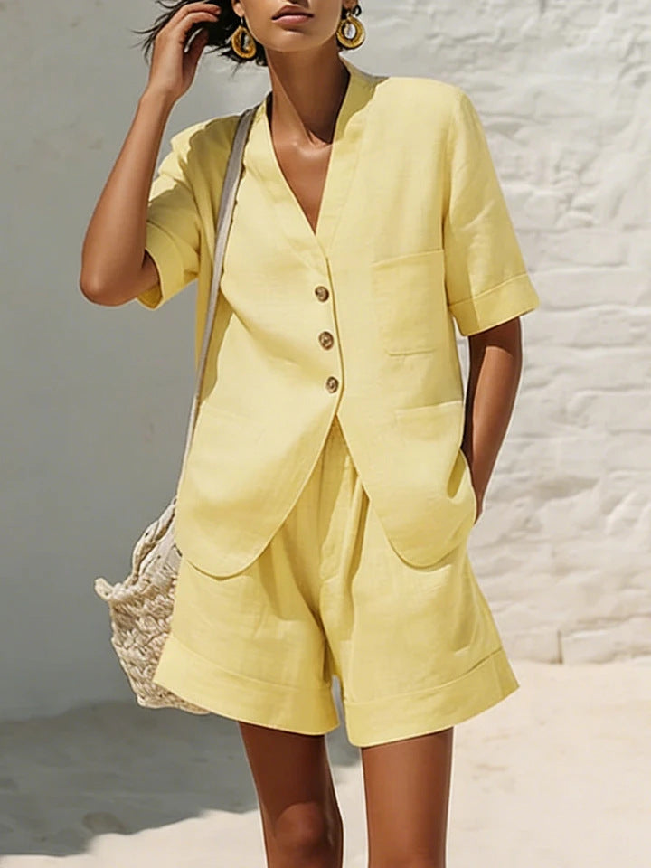 Women's Cotton-Linen Loose-Fit T-Shirt & Cropped Shorts Two-Piece Set FitiqueFit