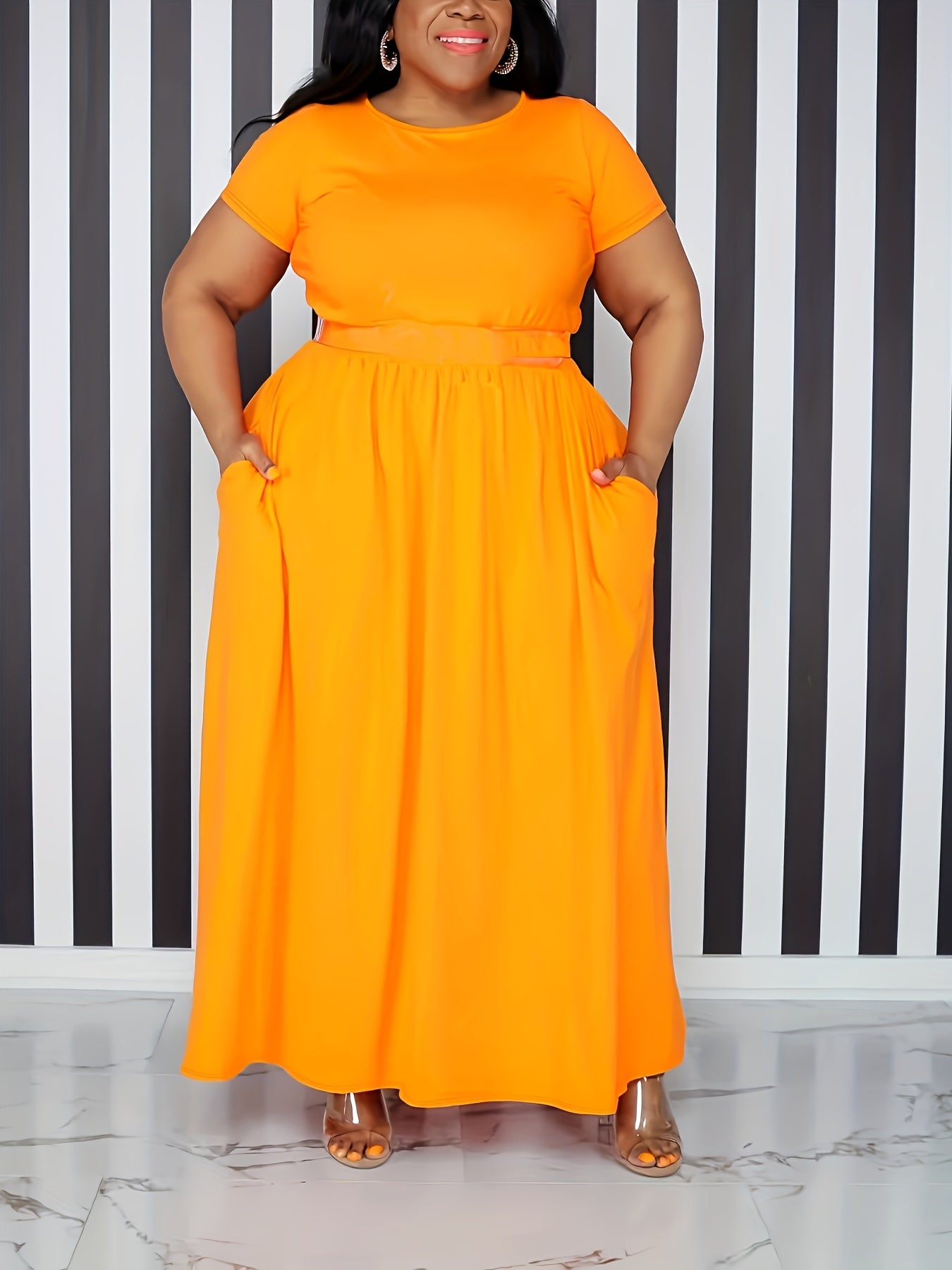 Plus Size Solid Short Sleeve Maxi Dress, Women's Plus Medium Stretch Elegant Long Dress NovaCart