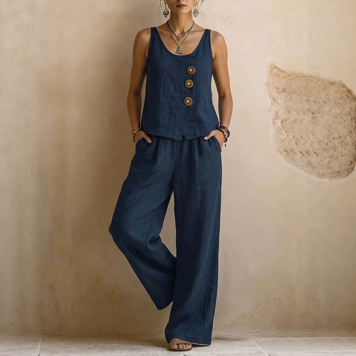 Women's Cotton Linen Sleeveless Tank Top & Pants Two-Piece Set FitiqueFit