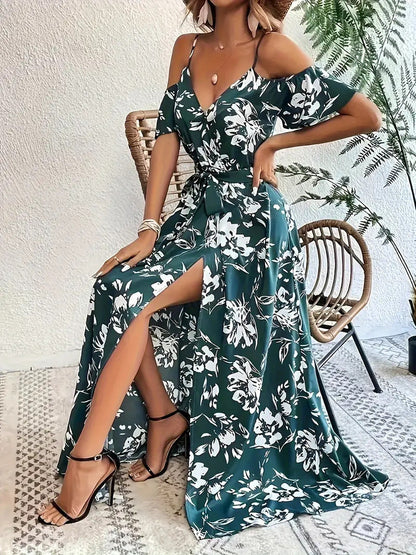 Ins Off-Shoulder Split Dress Summer Floral Print Suspender Long Dresses With Belt Design Women's Beach Clothing Grayceful LLC