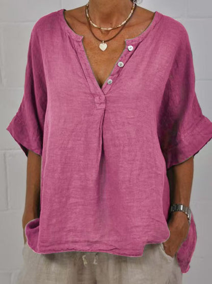 Women's Cotton Linen V-Neck Button-Up Shirt FitiqueFit