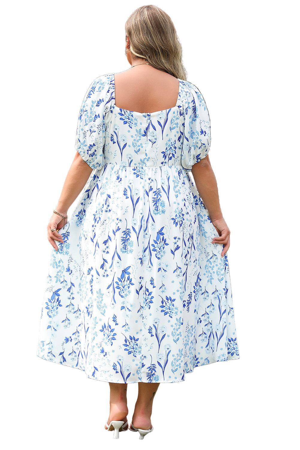 Sky Blue Floral Print Sweetheart Neck Plus Size Midi Dress Garden Naked Curves