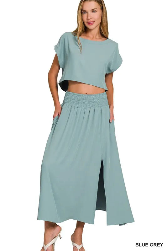Zenana Heavy Woven Span Crop Tee & Skirt Set West2East Surf