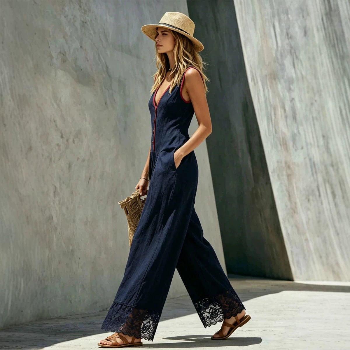 Women's Lace-Spliced Jumpsuit with Pockets – Sleeveless, High Waist, Straight Leg FitiqueFit