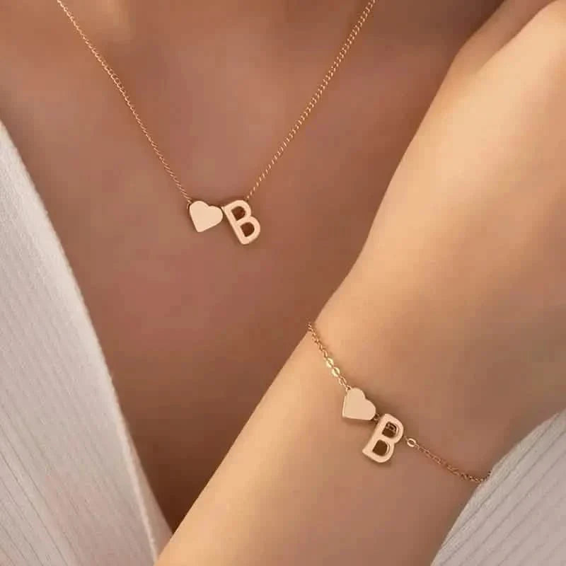 2-Piece Set: Metal Heart And English Letter Necklace And Bracelet DailySale