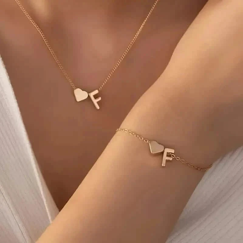 2-Piece Set: Metal Heart And English Letter Necklace And Bracelet DailySale