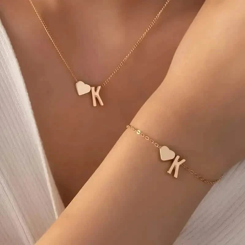 2-Piece Set: Metal Heart And English Letter Necklace And Bracelet DailySale