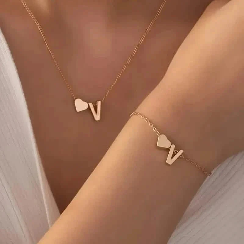 2-Piece Set: Metal Heart And English Letter Necklace And Bracelet DailySale