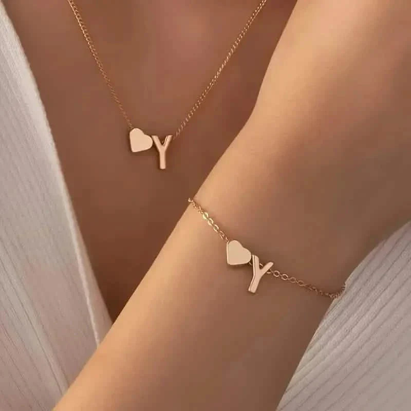 2-Piece Set: Metal Heart And English Letter Necklace And Bracelet DailySale