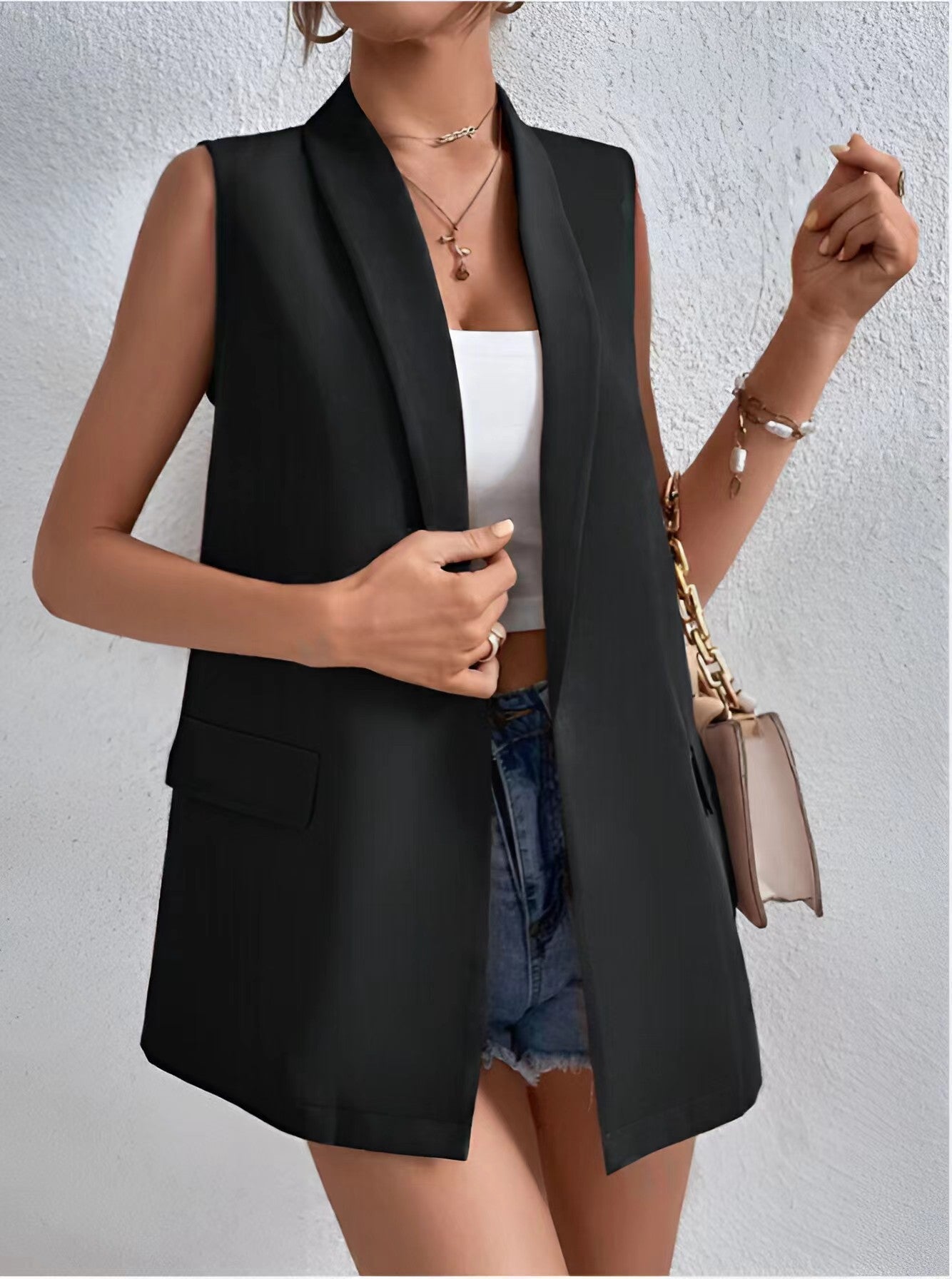 Women’s Mid-Length Suit Vest – Sleeveless Office Blazer FitiqueFit