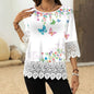 Printed Patchwork Three-Quarter Sleeve Top – Women's Loose Fit Pullover FitiqueFit