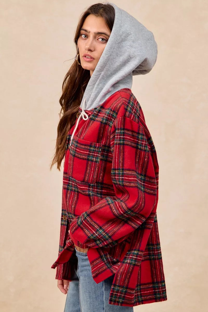 BiBi Brushed Plaid Hooded Jacket FitiqueFit