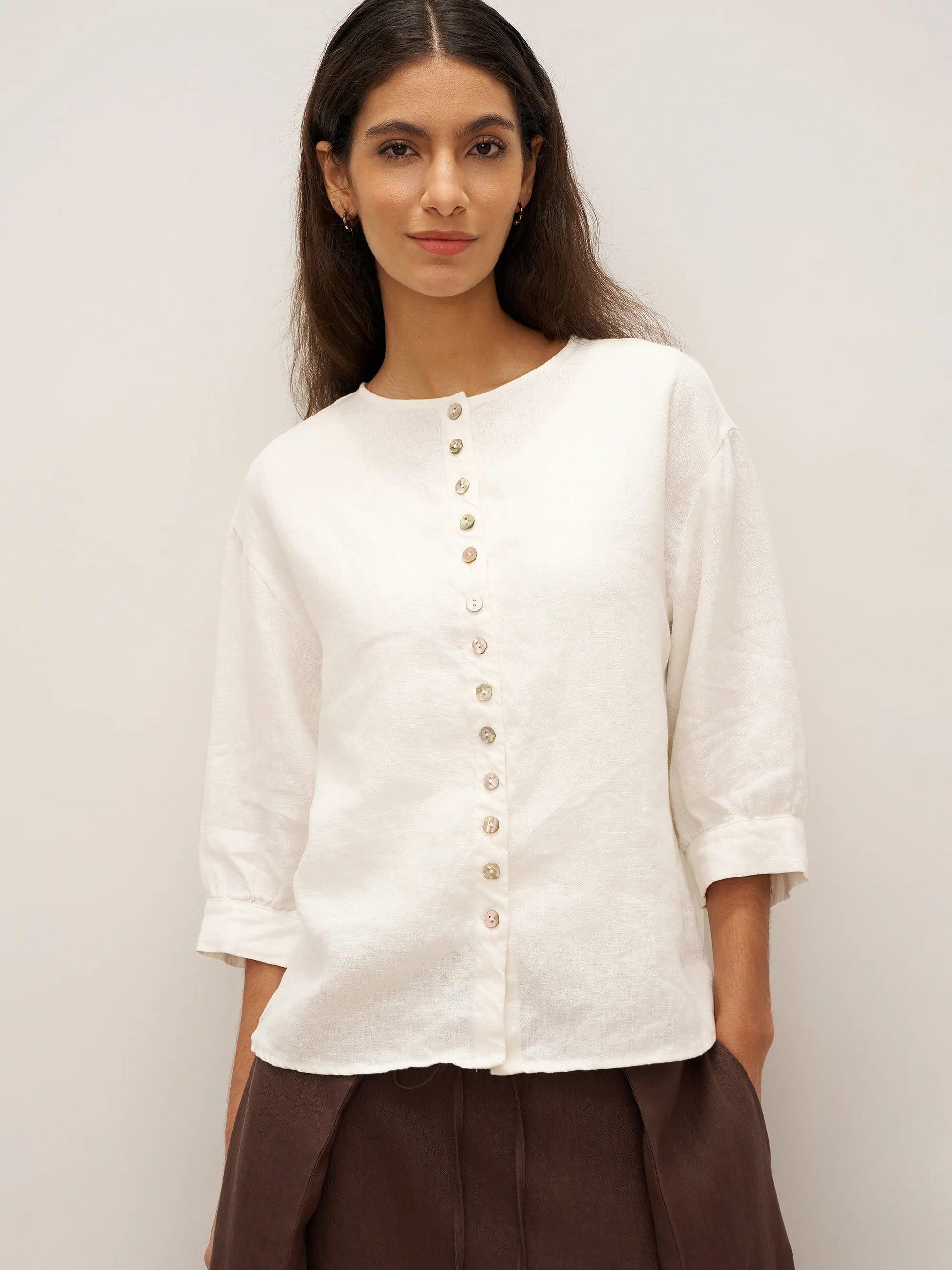 100% Linen Button-Front Drop Shoulder Shirt EASTER LINTICO