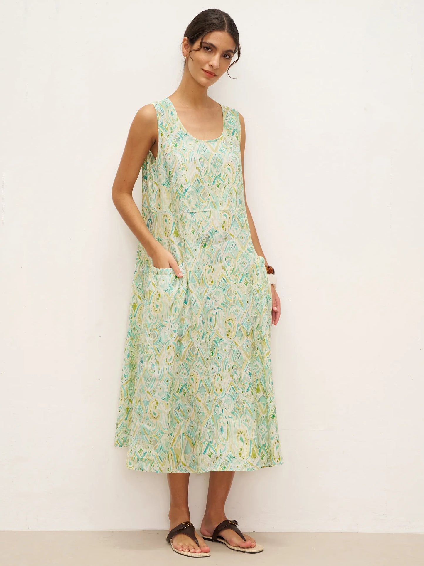 100% Linen Floral Swing Beach Tank Dress LORRAINE