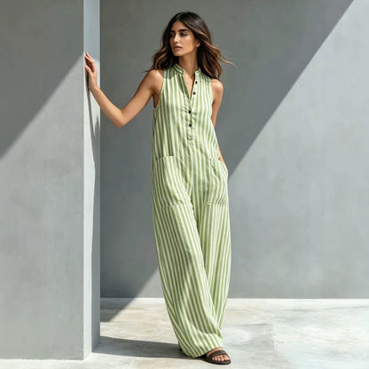 V-Neck Sleeveless Striped Loose Cropped Jumpsuit | 3 Colors S–3XL FitiqueFit