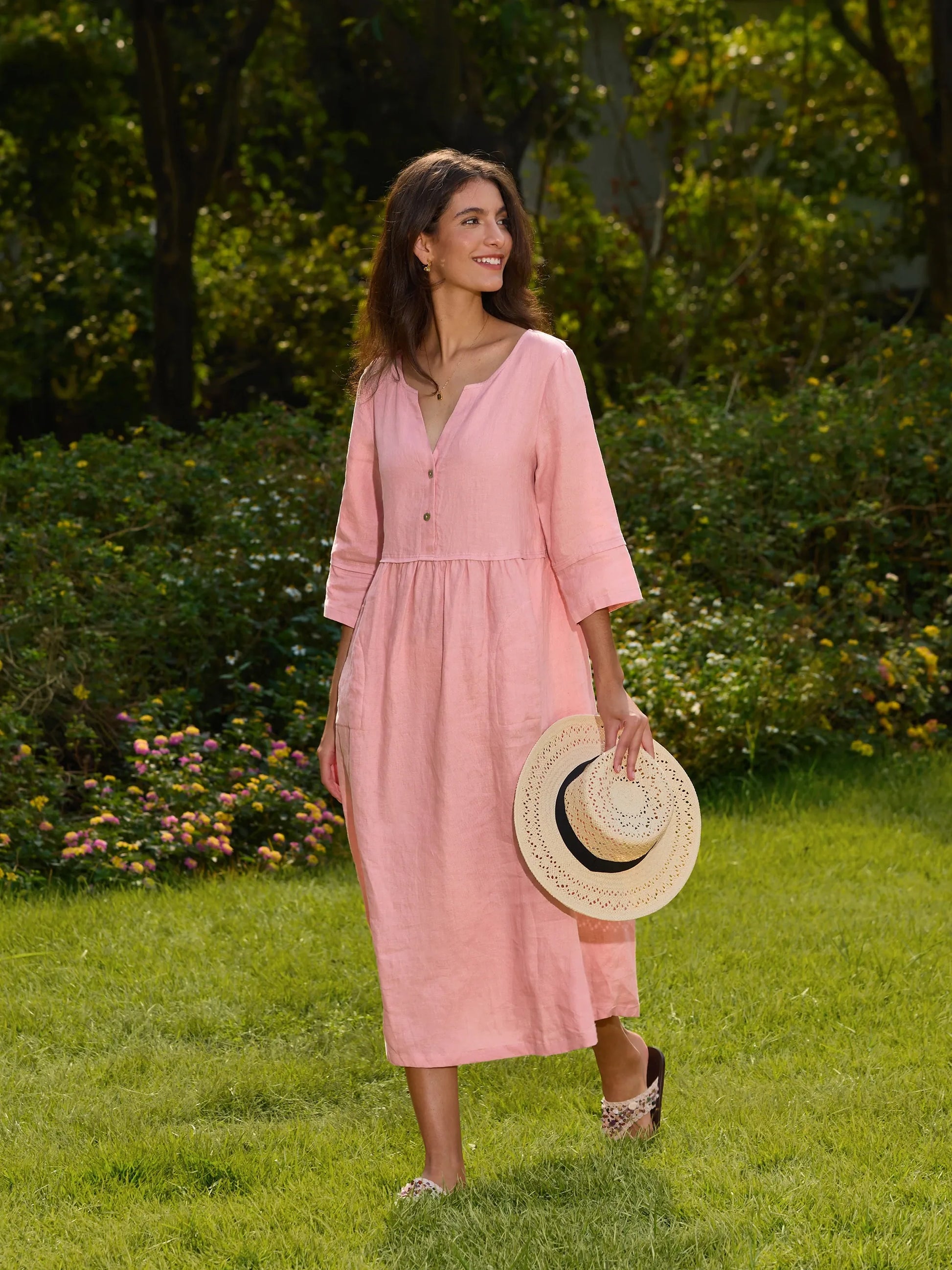 100% Linen Loose Fit Button Waist Gathered Maxi Dress LUNA LINTICO
