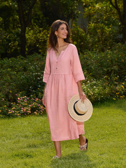 100% Linen Loose Fit Button Waist Gathered Maxi Dress LUNA LINTICO