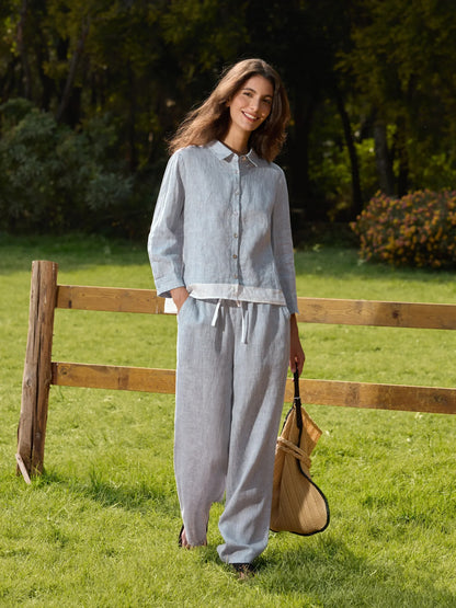 100% Linen Buttoned Closure Color-Blocked Shirt JANICE LINTICO