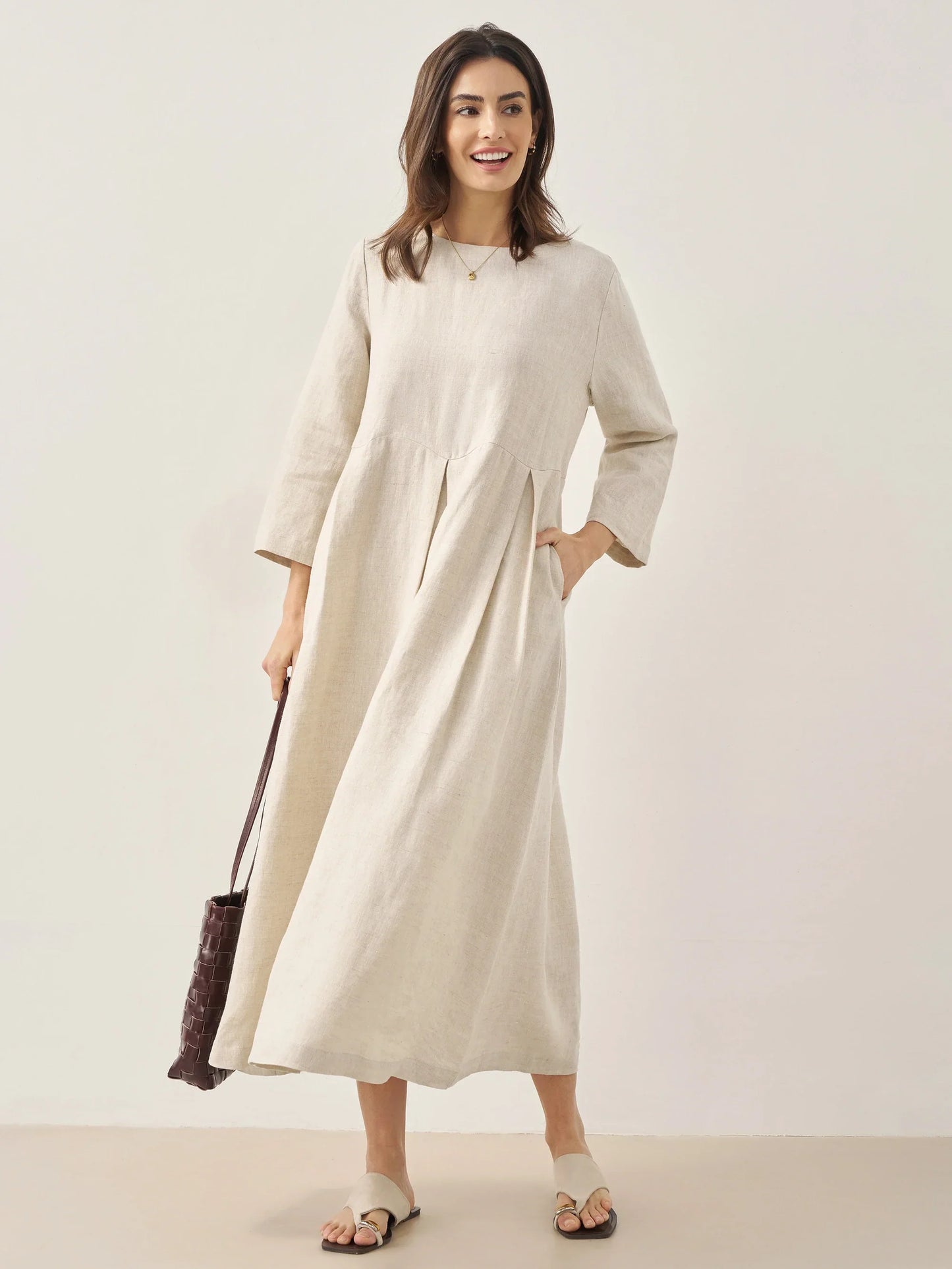 100% Linen Bateau Neck Pleated Maxi Dress ABIGAIL LINTICO