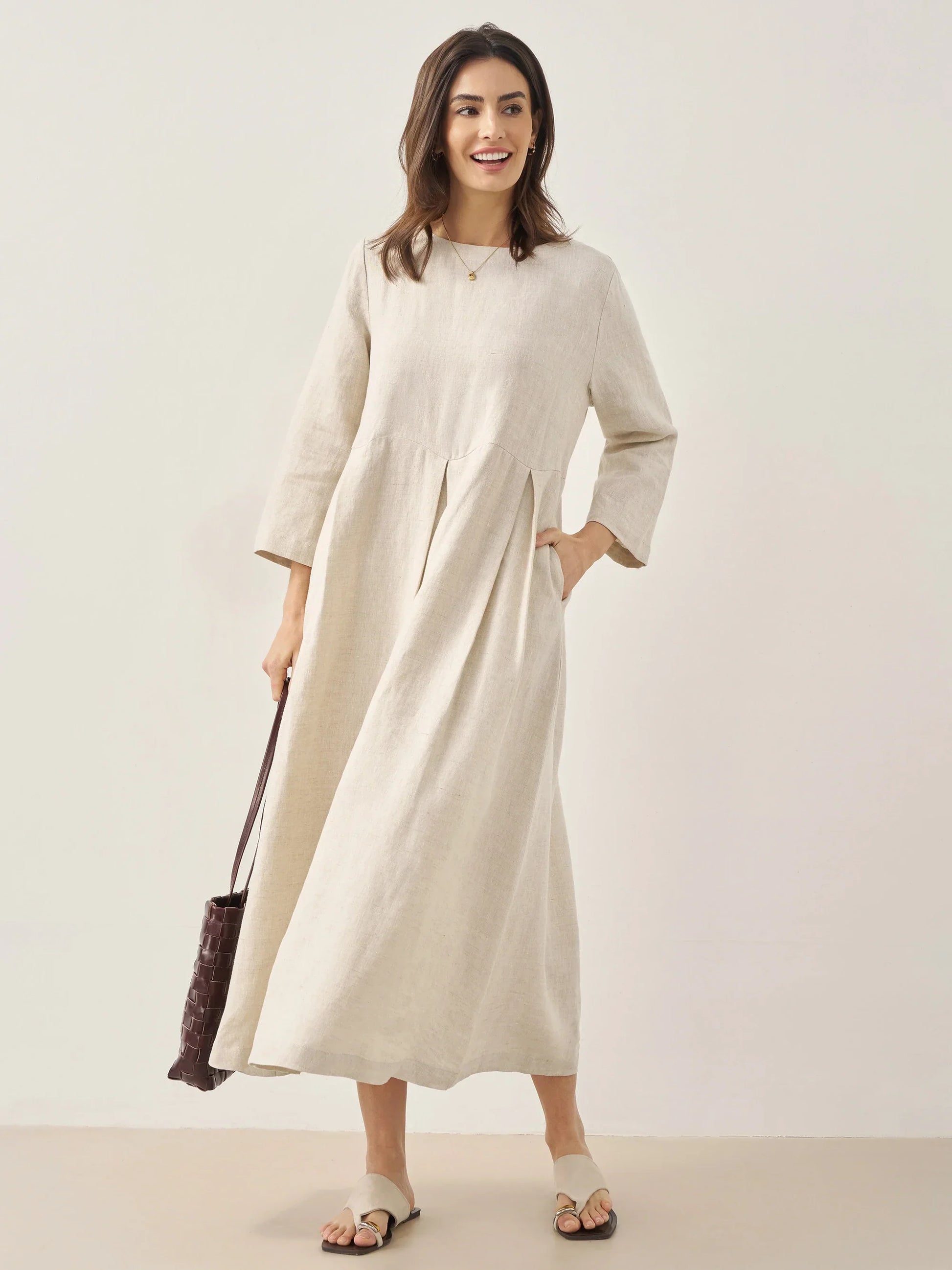 100% Linen Bateau Neck Pleated Maxi Dress ABIGAIL LINTICO