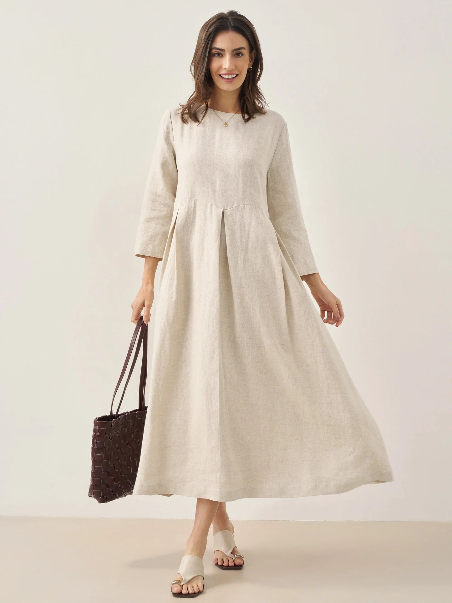 100% Linen Bateau Neck Pleated Maxi Dress ABIGAIL LINTICO
