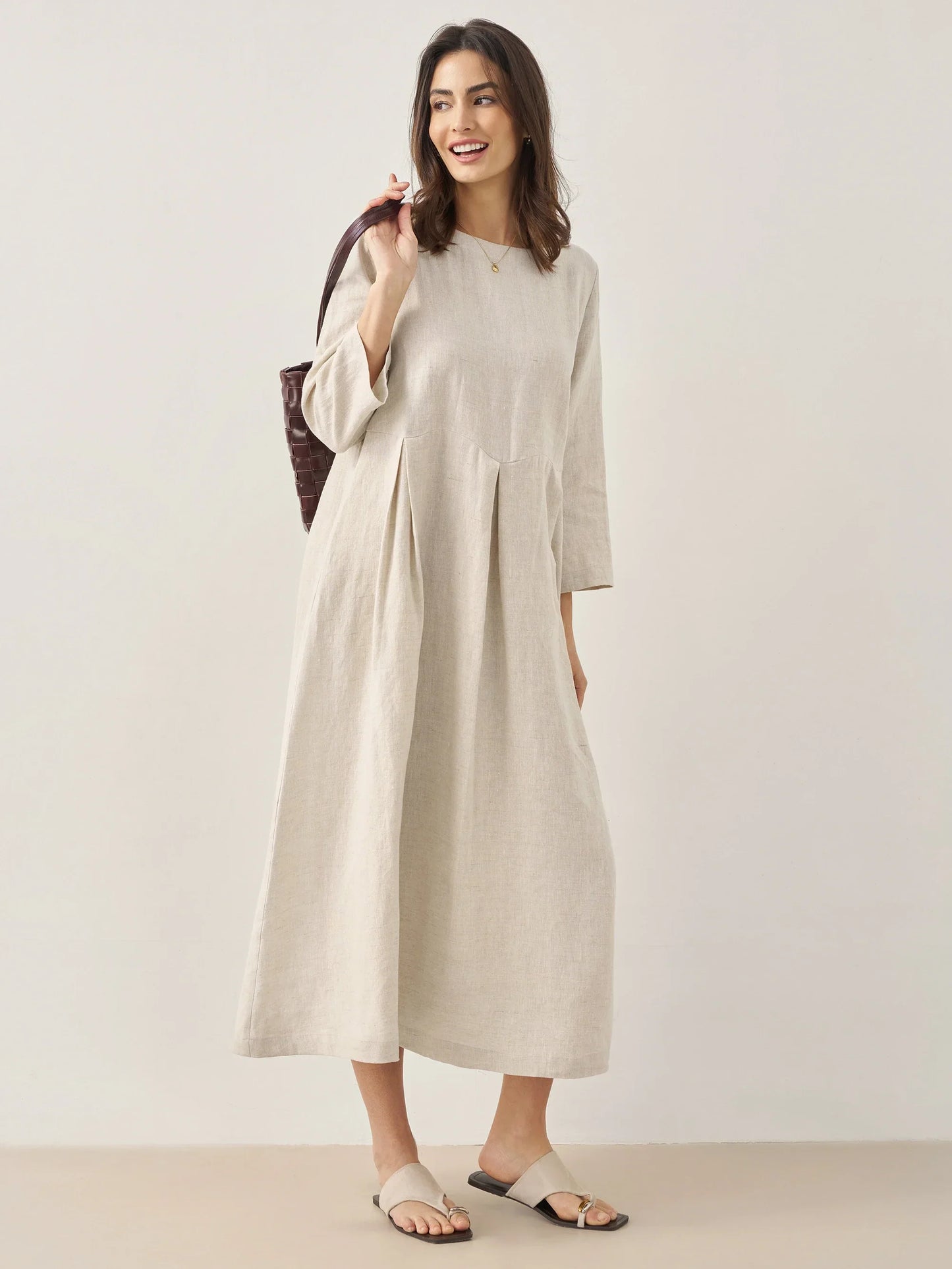 100% Linen Bateau Neck Pleated Maxi Dress ABIGAIL LINTICO