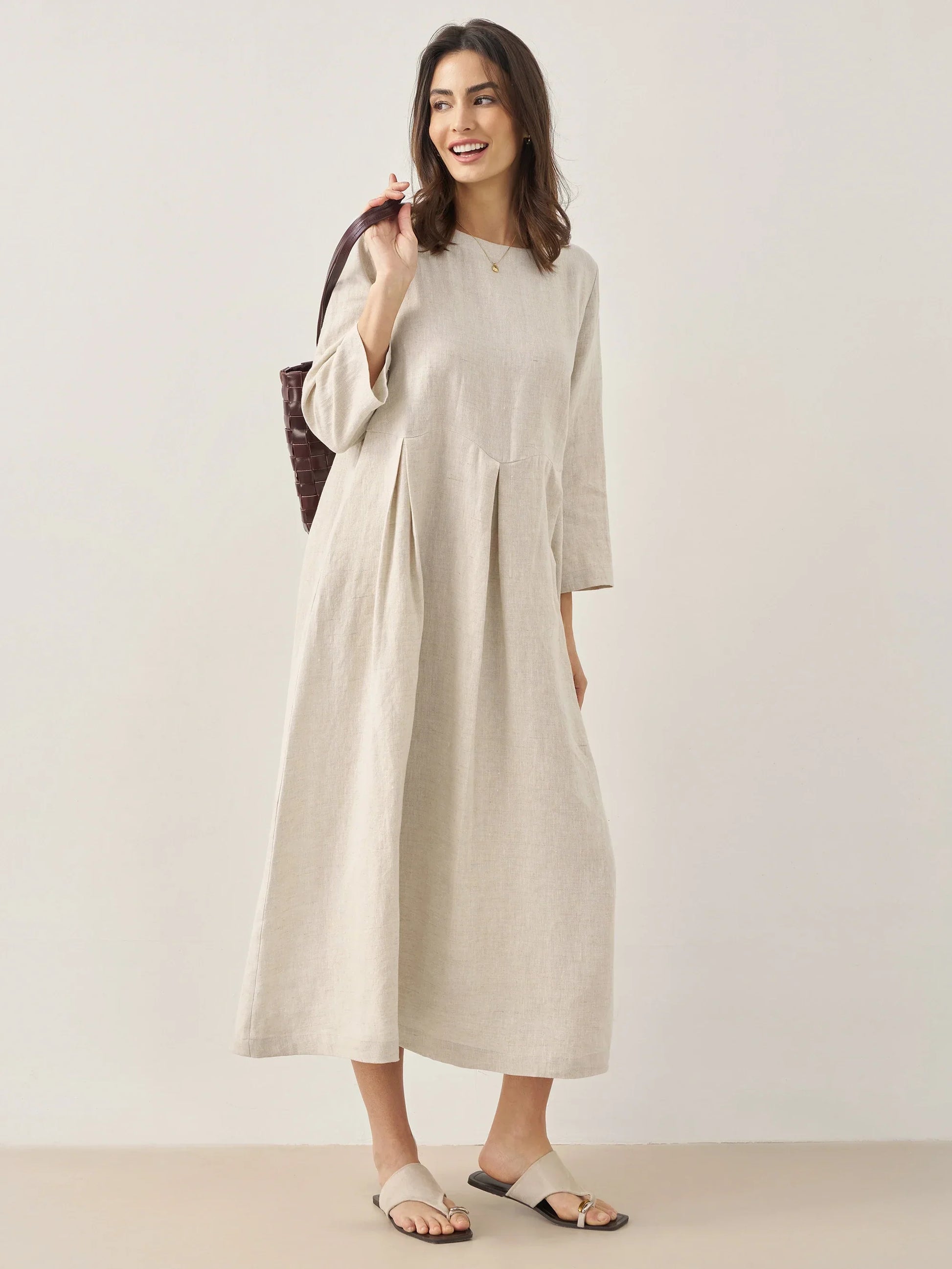 100% Linen Bateau Neck Pleated Maxi Dress ABIGAIL LINTICO