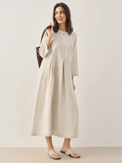 100% Linen Bateau Neck Pleated Maxi Dress ABIGAIL LINTICO