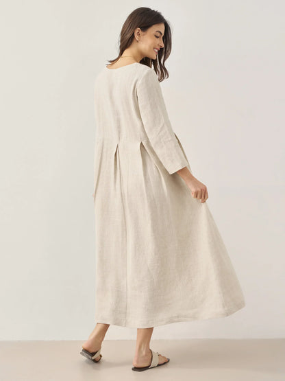 100% Linen Bateau Neck Pleated Maxi Dress ABIGAIL LINTICO