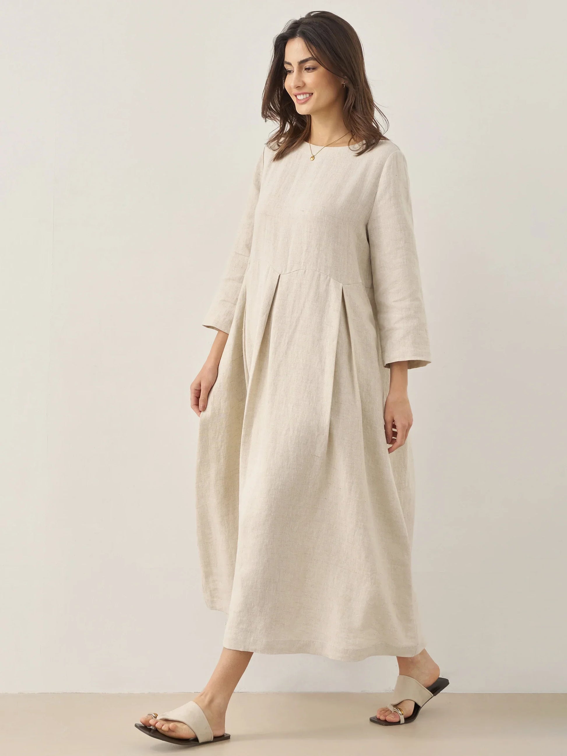 100% Linen Bateau Neck Pleated Maxi Dress ABIGAIL LINTICO