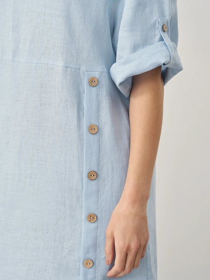 100% Linen Round Neck Button Detail Midi Dress JELENA