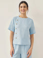 100% Linen Short-Sleeve Round Neck Button Detail Top & Pants Set JOSIE