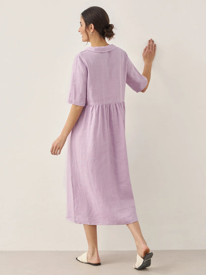 100% Linen Shawl V-Neck Pleated Maxi Dress SUSAN