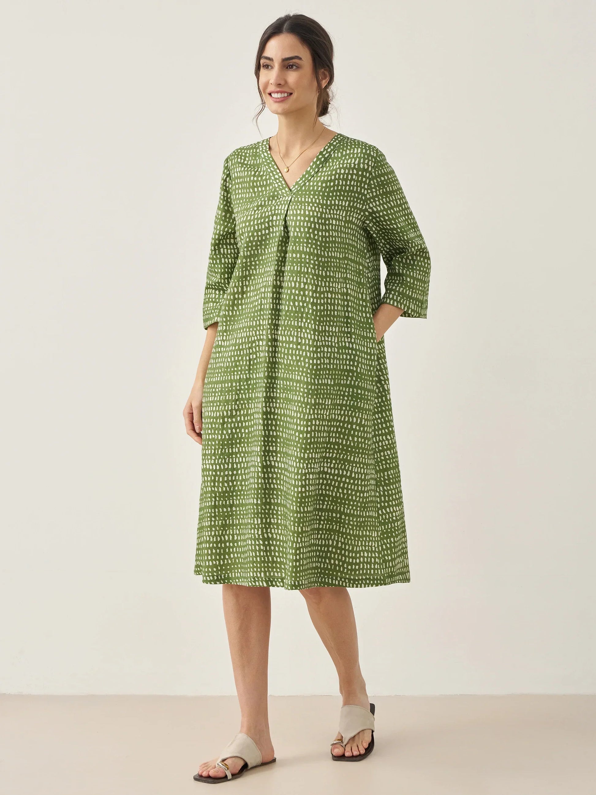100% Linen V-Neck Dot Midi Dress LIRA LINTICO