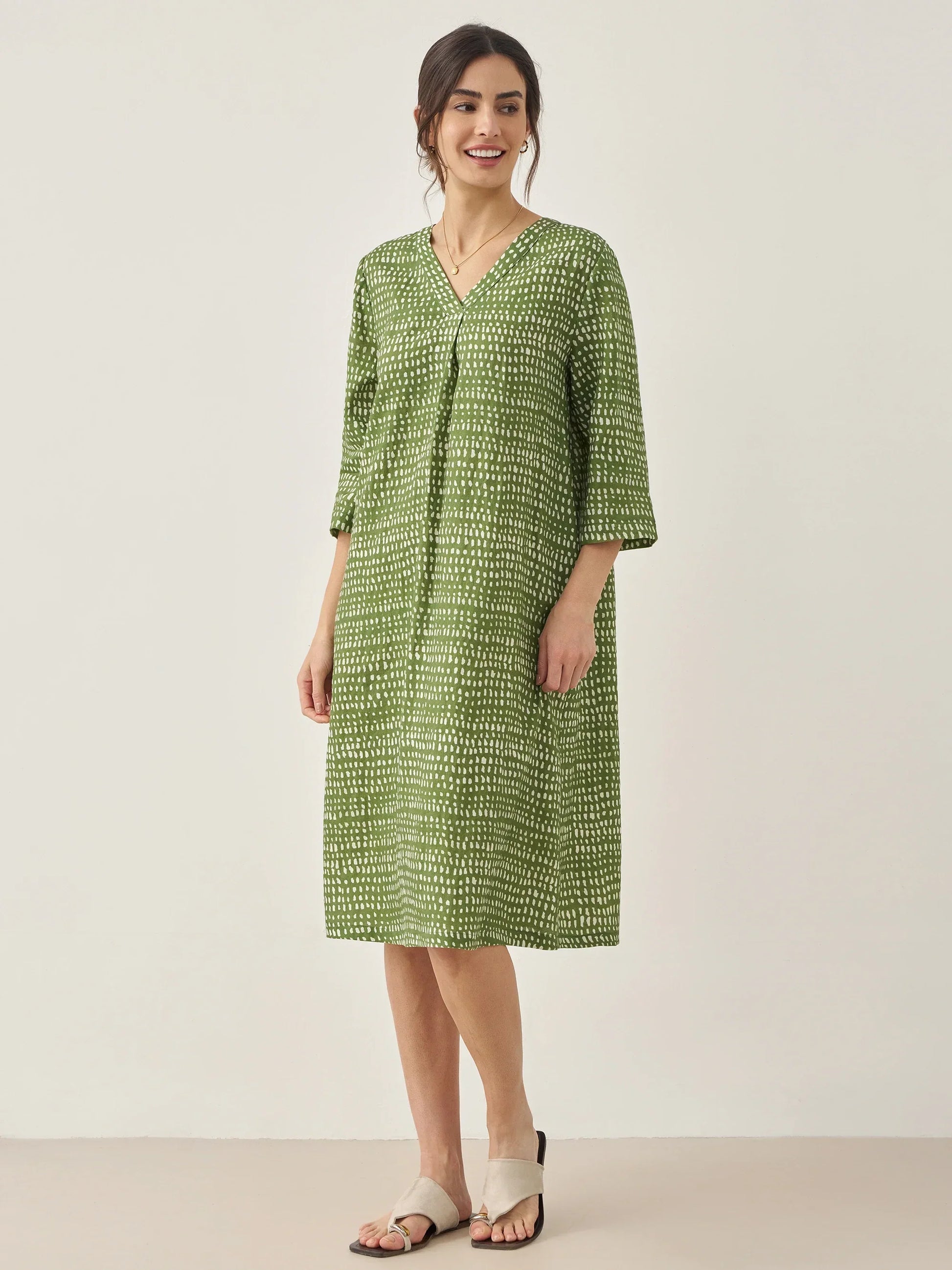 100% Linen V-Neck Dot Midi Dress LIRA LINTICO
