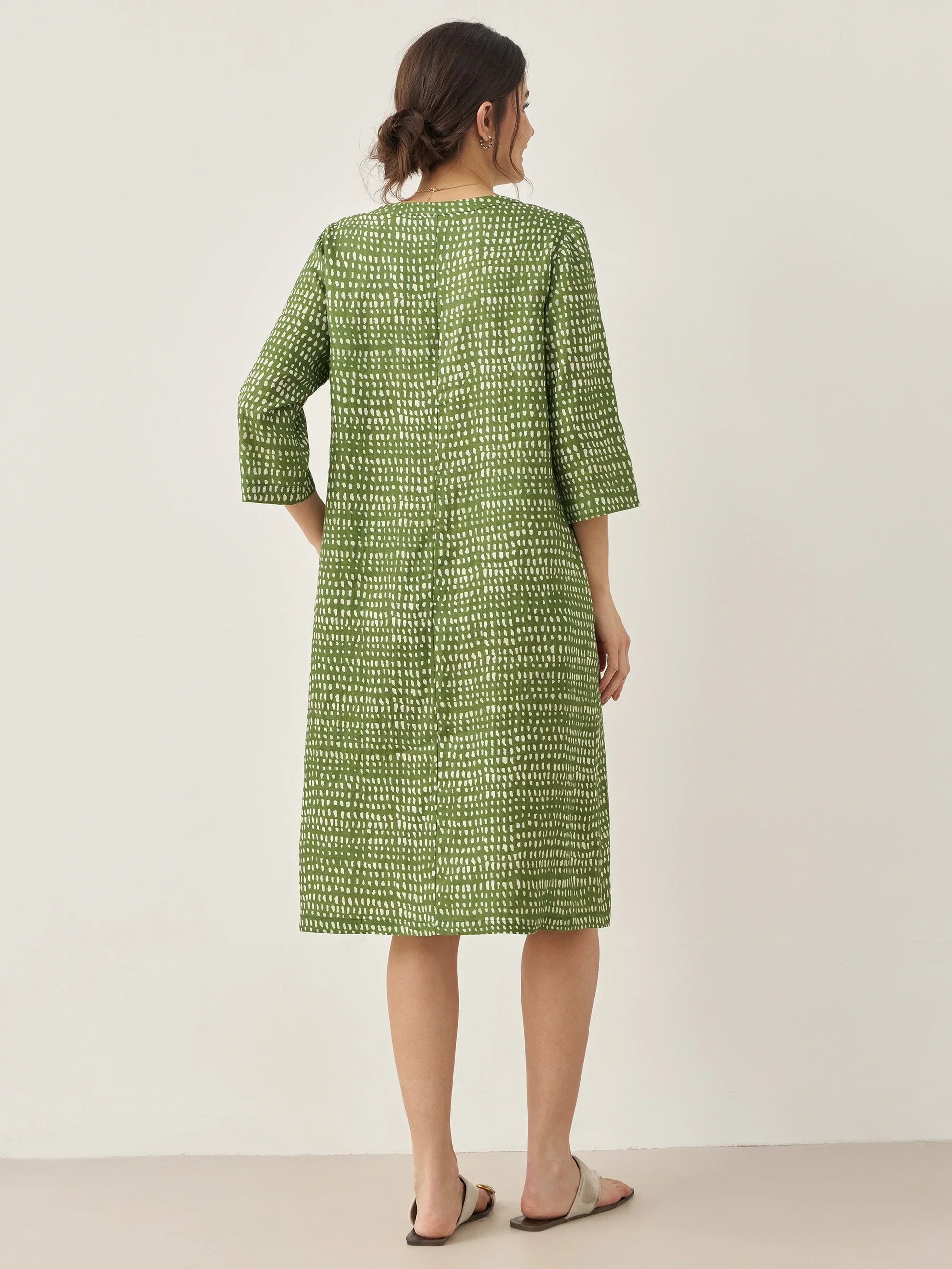 100% Linen V-Neck Dot Midi Dress LIRA LINTICO