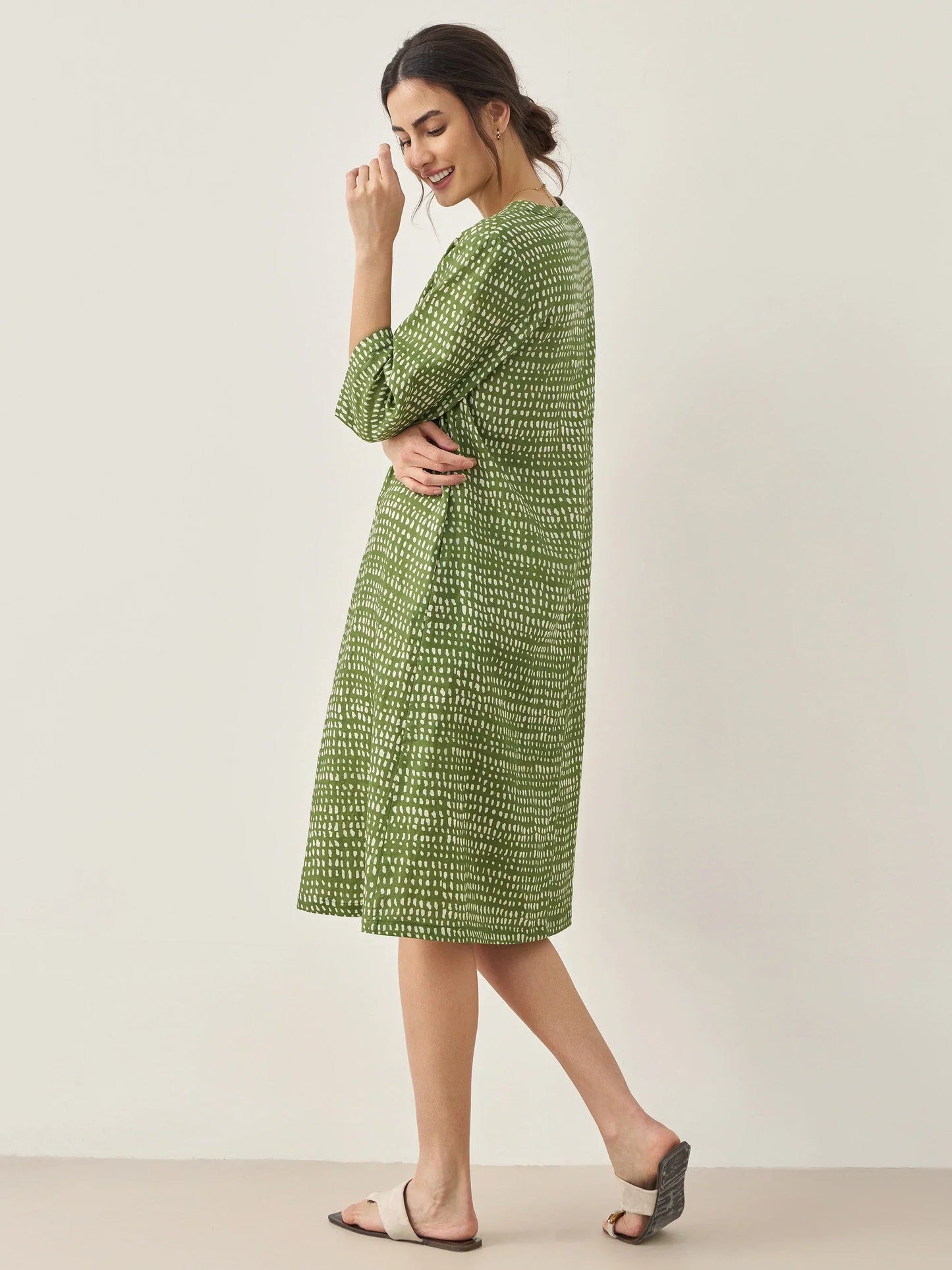 100% Linen V-Neck Dot Midi Dress LIRA LINTICO