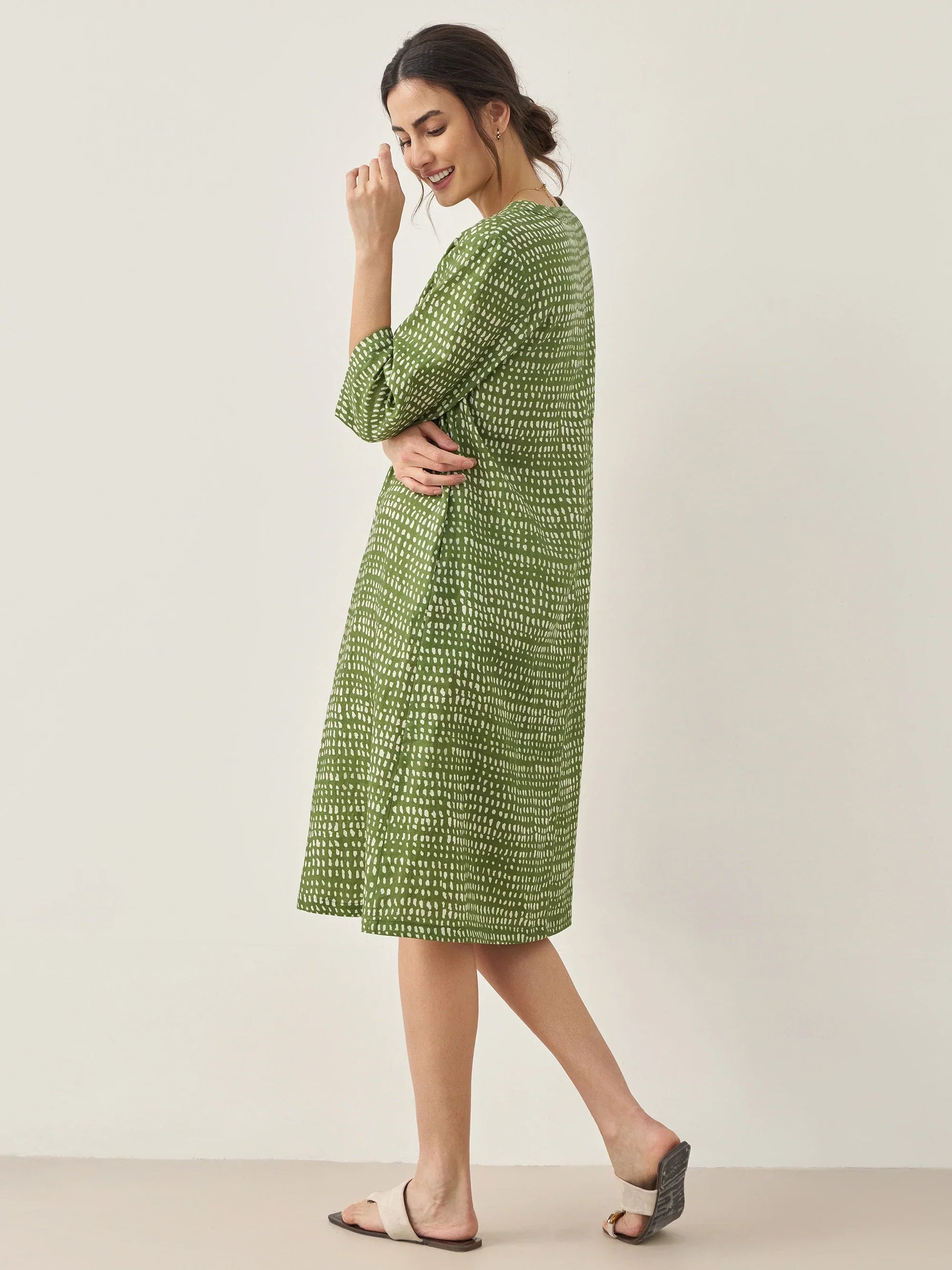 100% Linen V-Neck Dot Midi Dress LIRA LINTICO